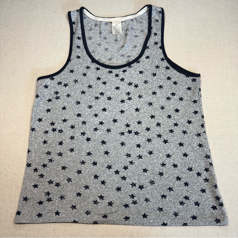 Lucky Brand Heather Gray Tank Top with Navy Blue Stars and Trim - Size Medium